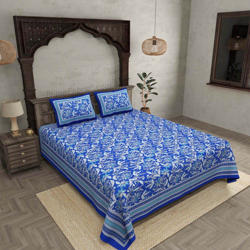 Ferns Petals Blue Double Bedsheet