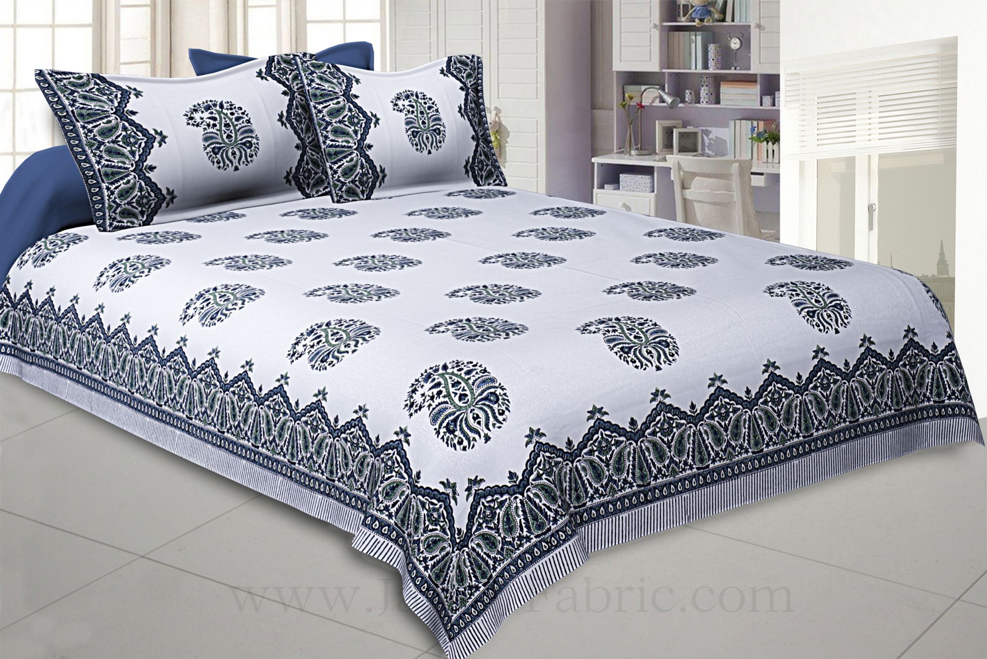 Classic Hand Block Blue Buta Double Bedsheet