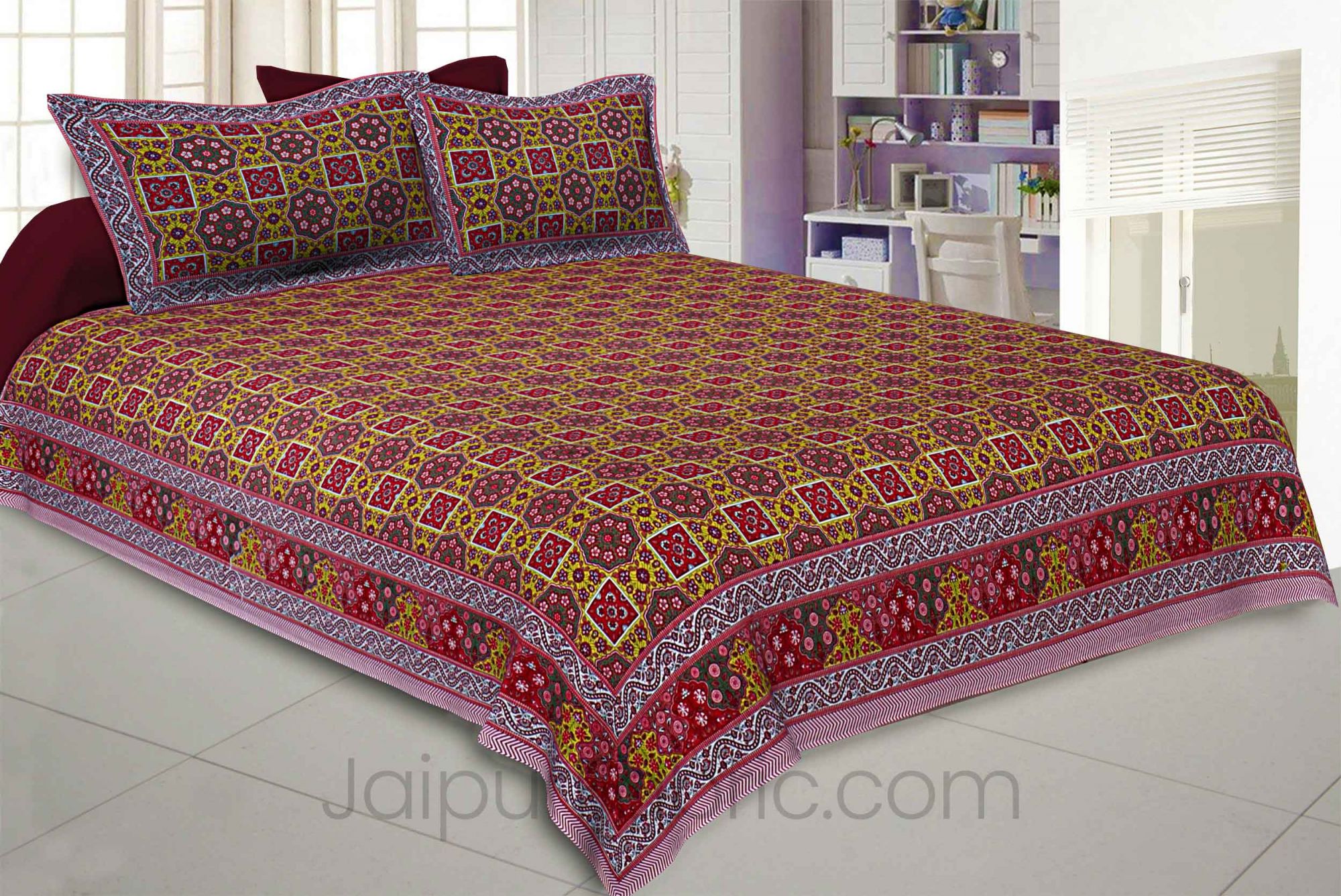 Red Yellow Sparkling Motif Double Bedsheet