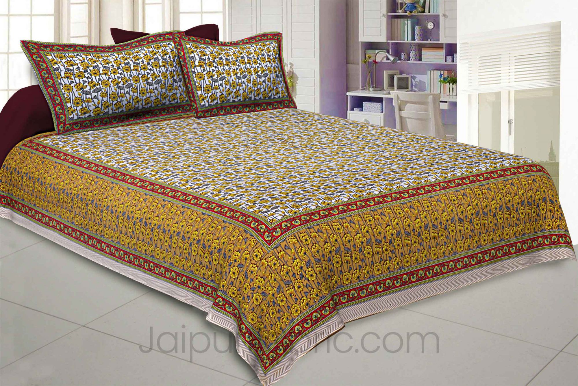 Fresh Garden Yellow Maroon Double Bedsheet