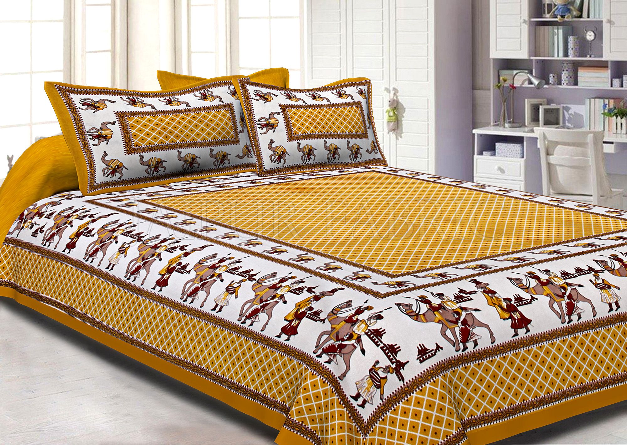 Yellow Border Fat Wedding Print Cotton Double Bed Sheet