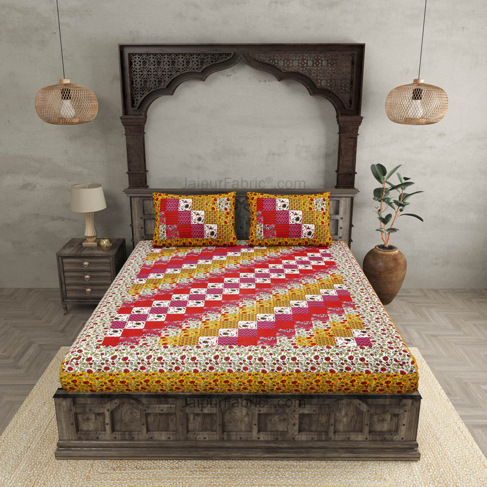 Floral Checkers Multicolour Double Bedsheet