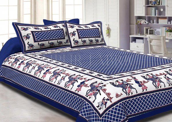 Blue Border Fat Wedding Print Cotton Double Bed Sheet