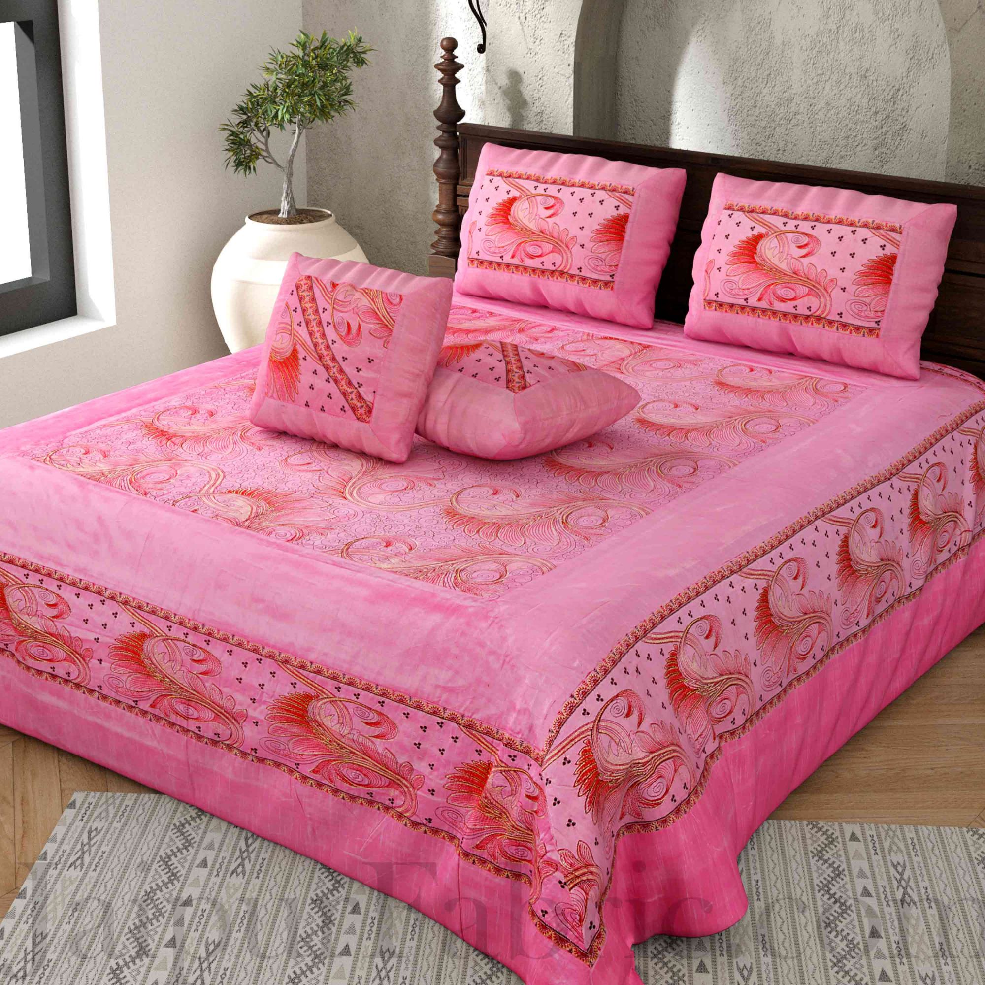 Silk Bed Sheet  Pink Color With Lace Work Superfine bed cover