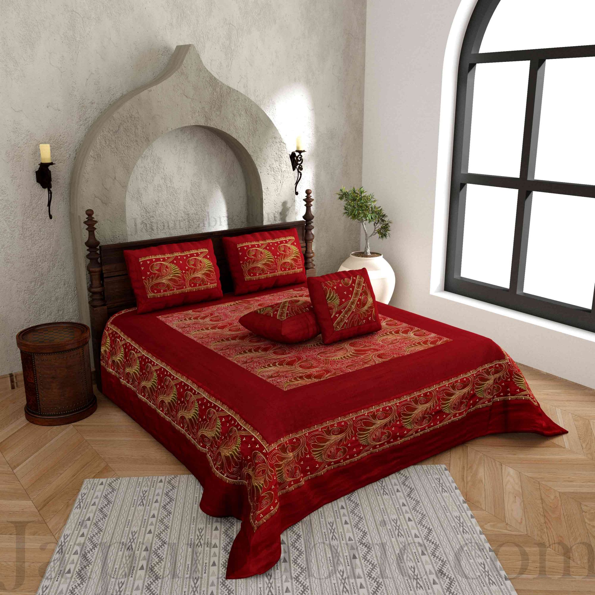 Silk Bed Sheet  Maroon Color With Lace Work Superfine bed cover