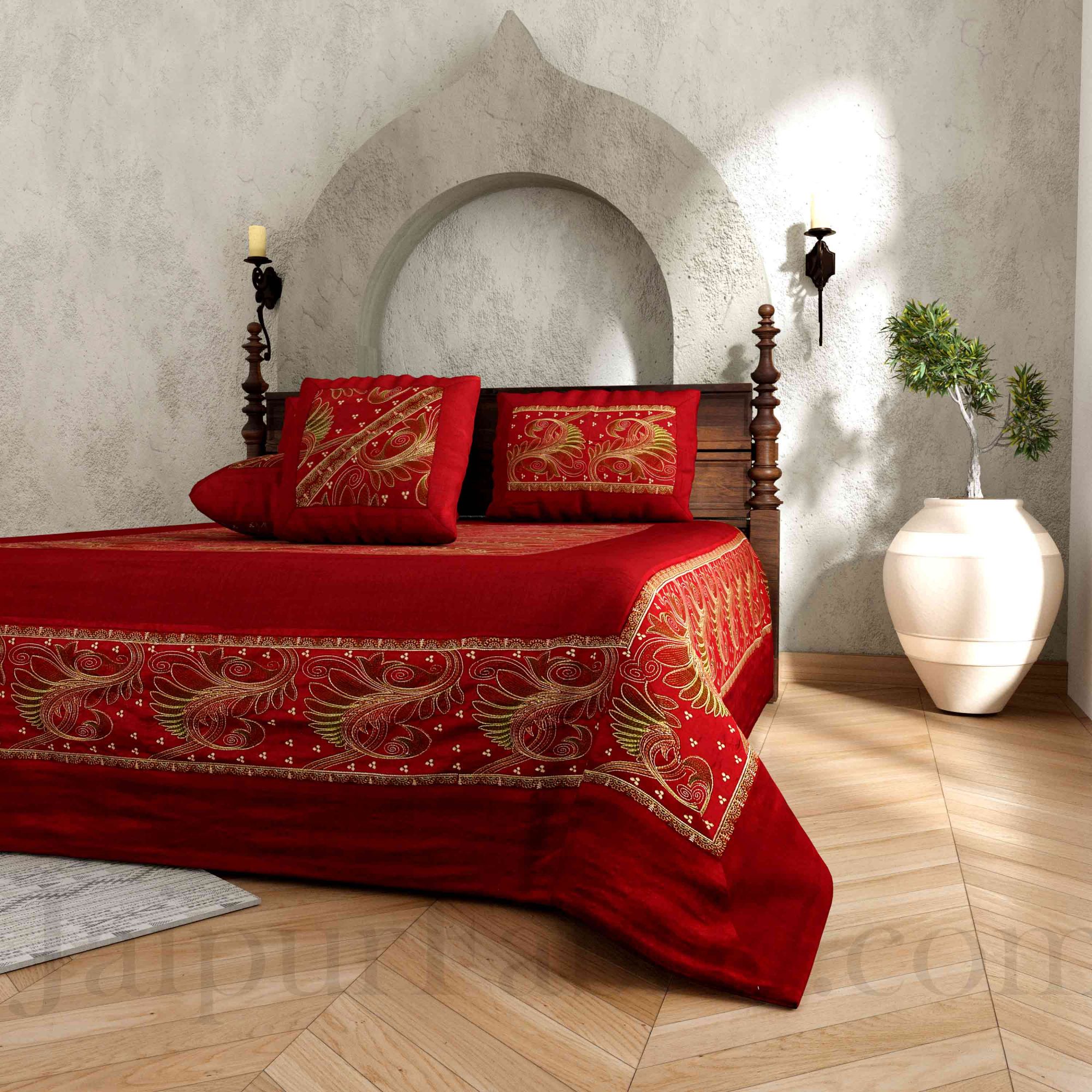 Silk Bed Sheet  Maroon Color With Lace Work Superfine bed cover