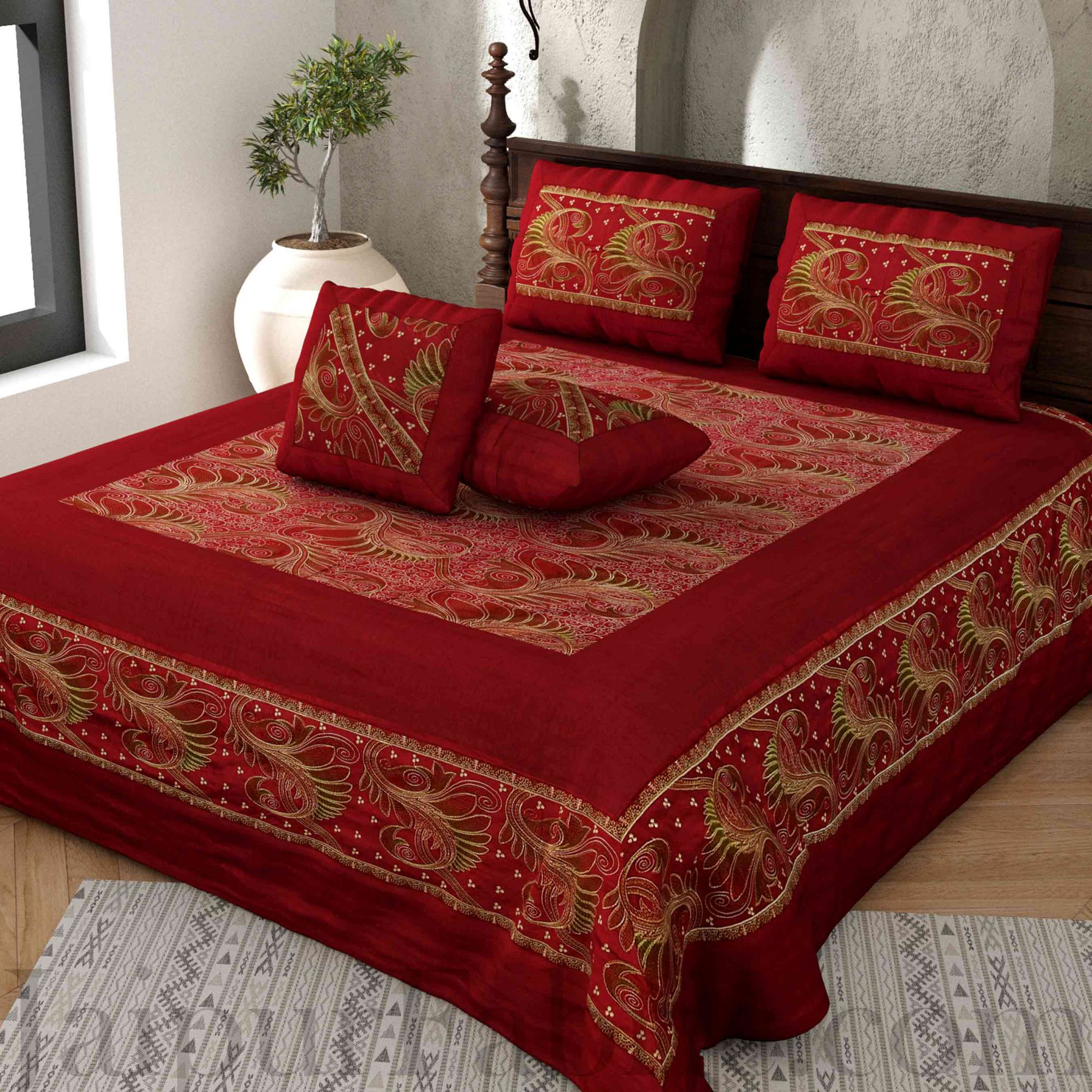 Silk Bed Sheet  Maroon Color With Lace Work Superfine bed cover