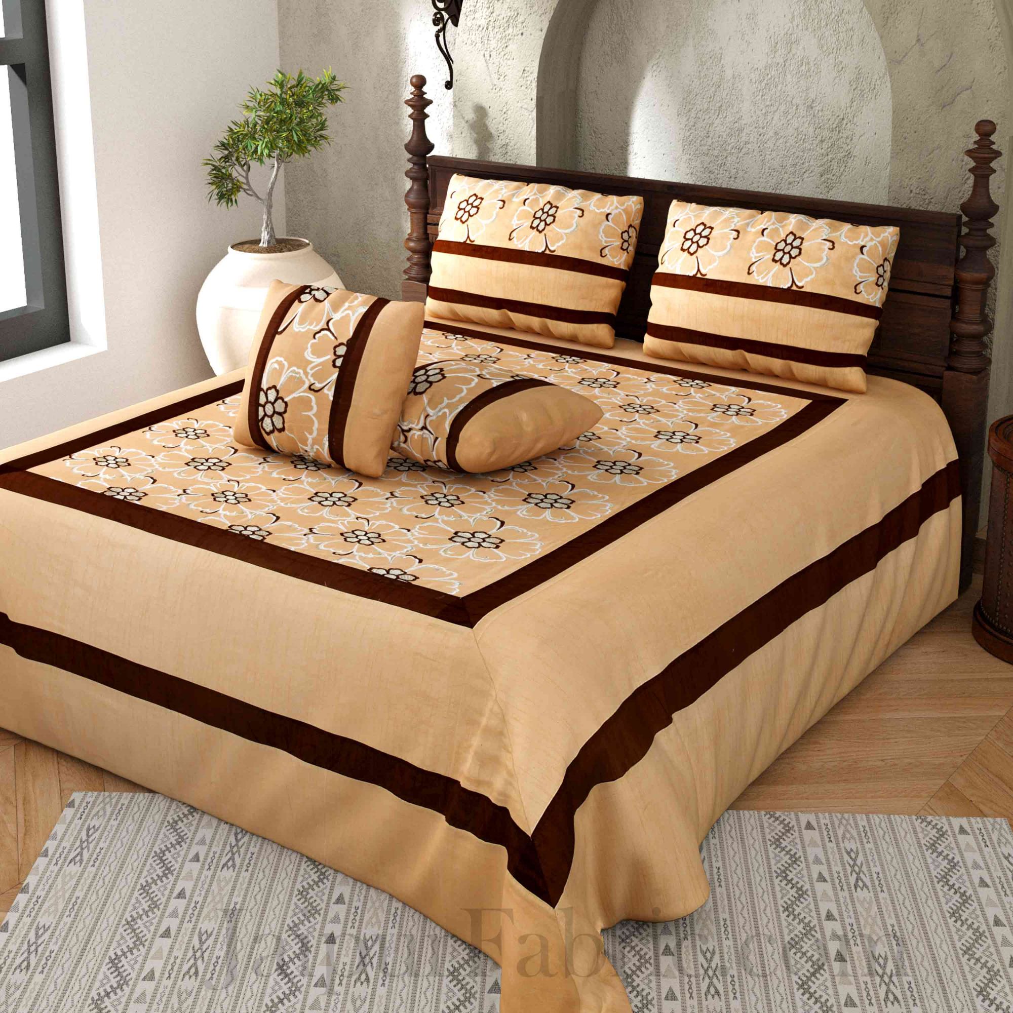 Brown Zari Luxurious Embroidered Work Floral Superfine Silk Double BedCover