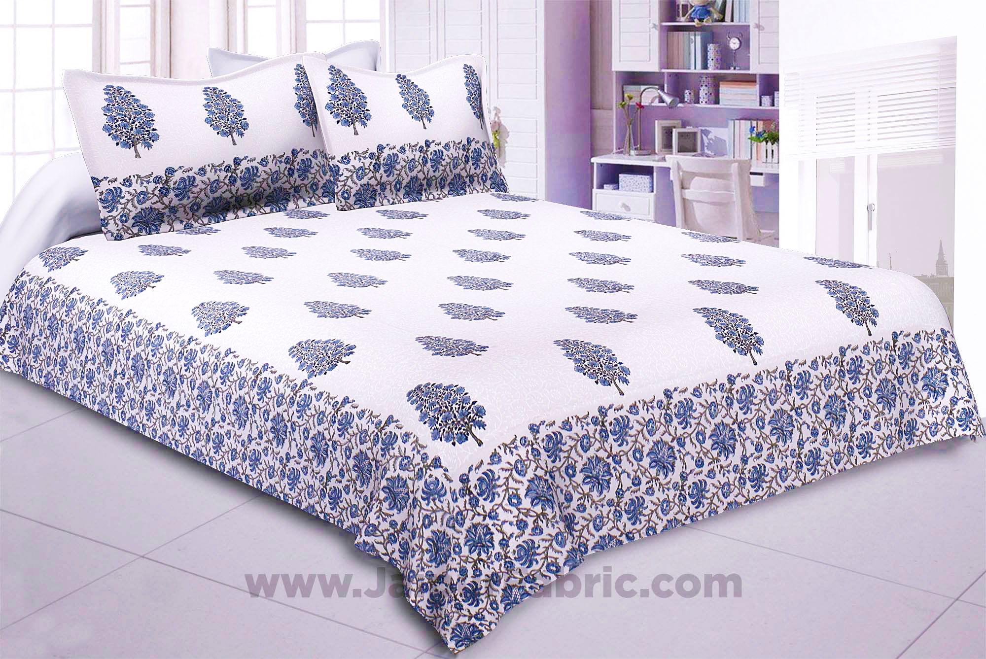 Traditional Tree Blue Hand Block Print Double Bedsheet