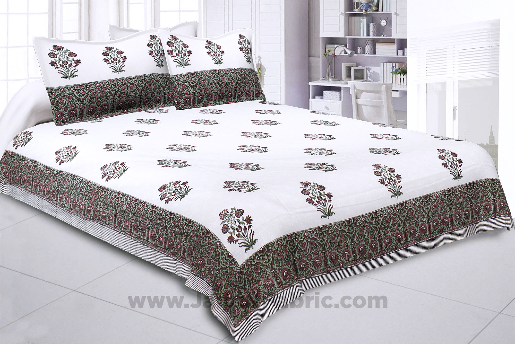 Dark Pink Flora Bunch Hand Block Print Double Bedsheet