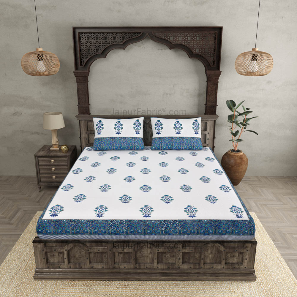 Blue Flora Bunch Hand Block Print Double Bedsheet