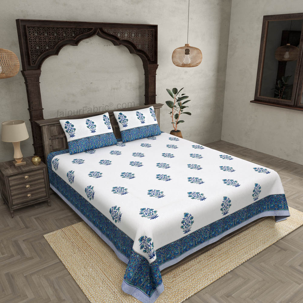 Blue Flora Bunch Hand Block Print Double Bedsheet