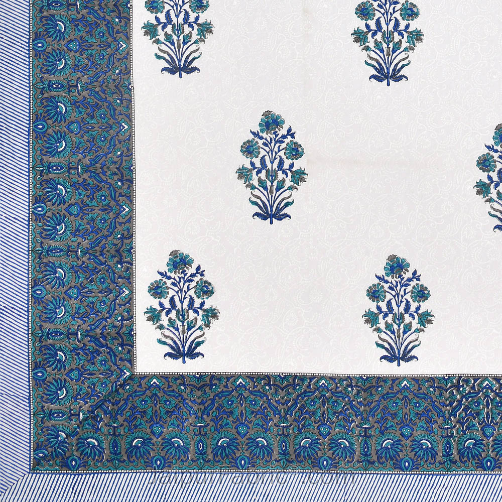 Blue Flora Bunch Hand Block Print Double Bedsheet