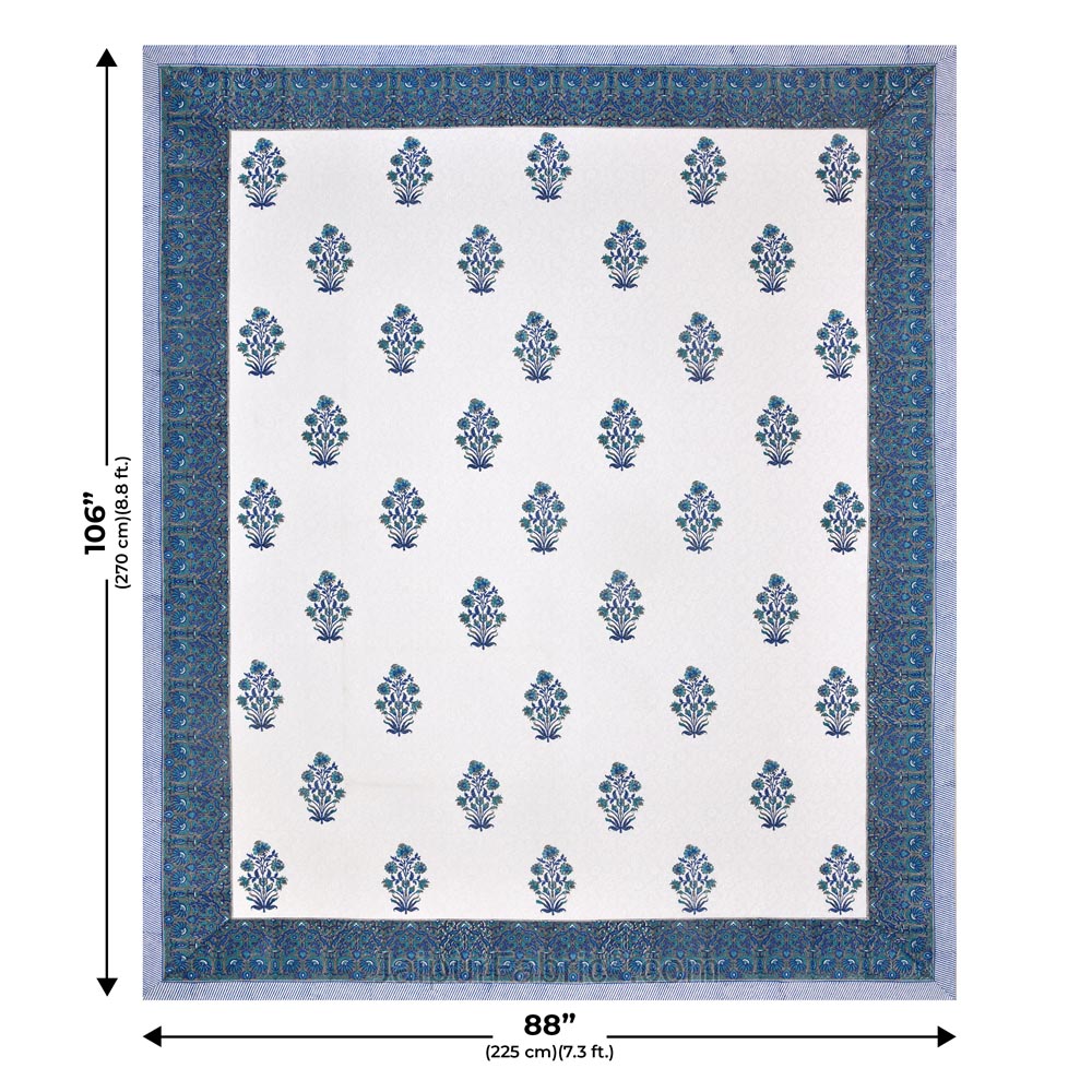 Blue Flora Bunch Hand Block Print Double Bedsheet