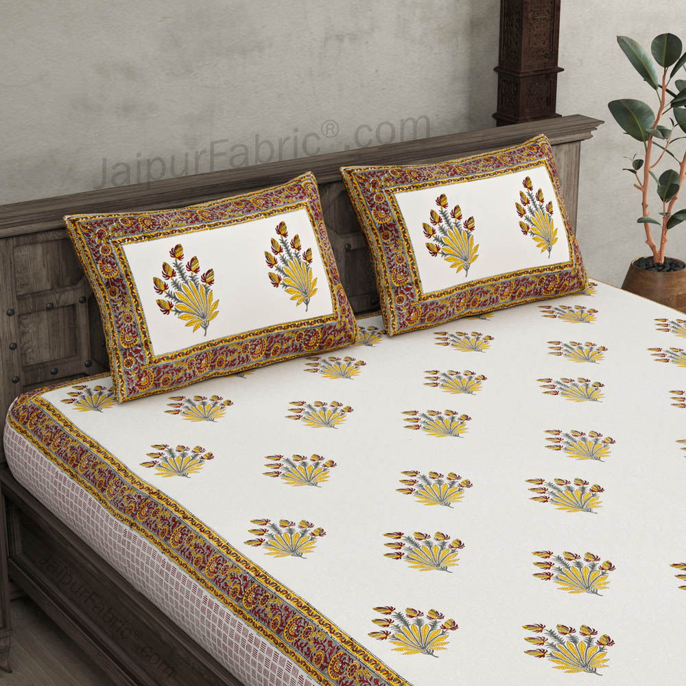 Feathers of Fortune Yellow Hand Block Print Double Bedsheet