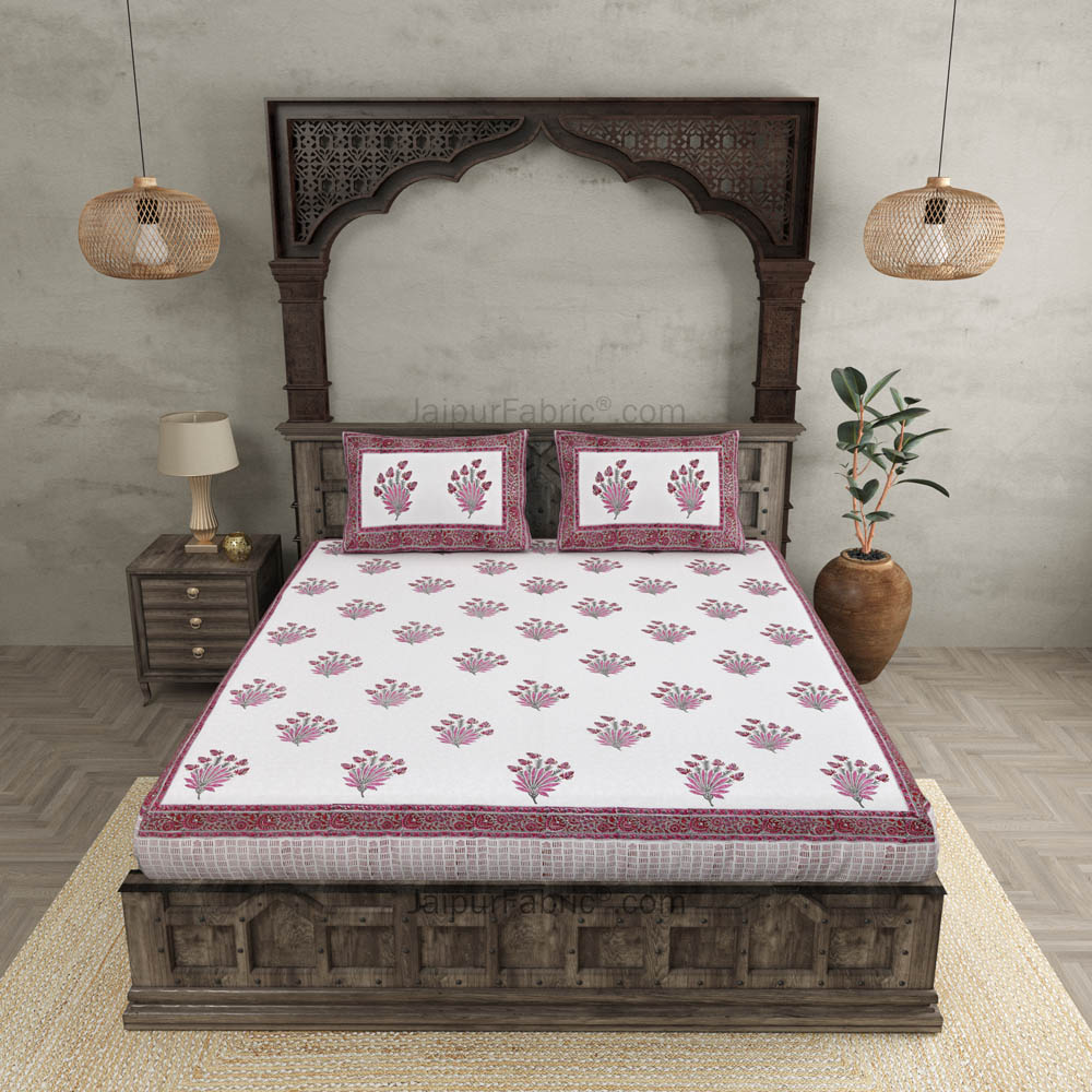 Feathers of Fortune Pink Hand Block Print Double Bedsheet