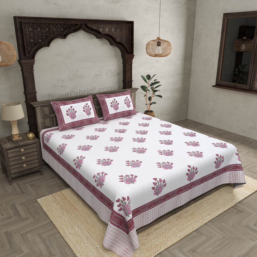 Feathers of Fortune Pink Hand Block Print Double Bedsheet