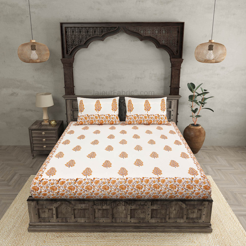 Traditional Tree Yellow Hand Block Print Double Bedsheet