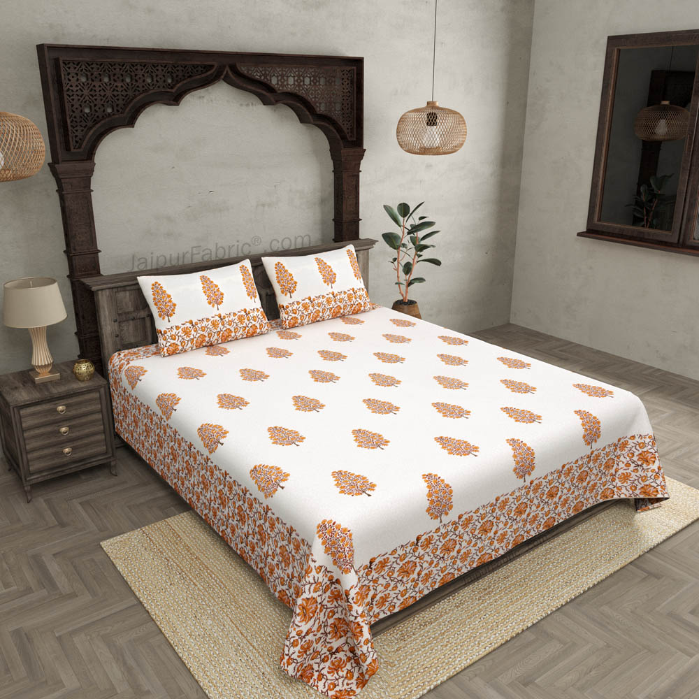 Traditional Tree Yellow Hand Block Print Double Bedsheet