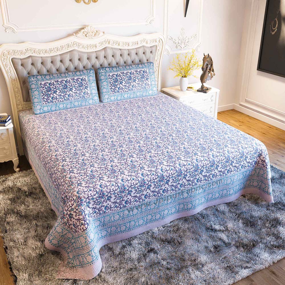 Blue Floral Festoon Hand Block Print Double Bedsheet