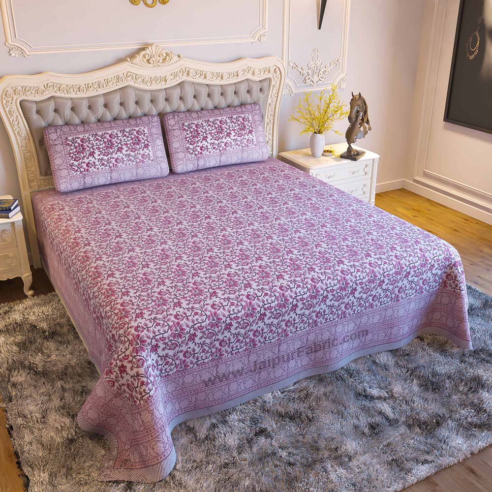 Pink Floral Festoon Hand Block Print Double Bedsheet