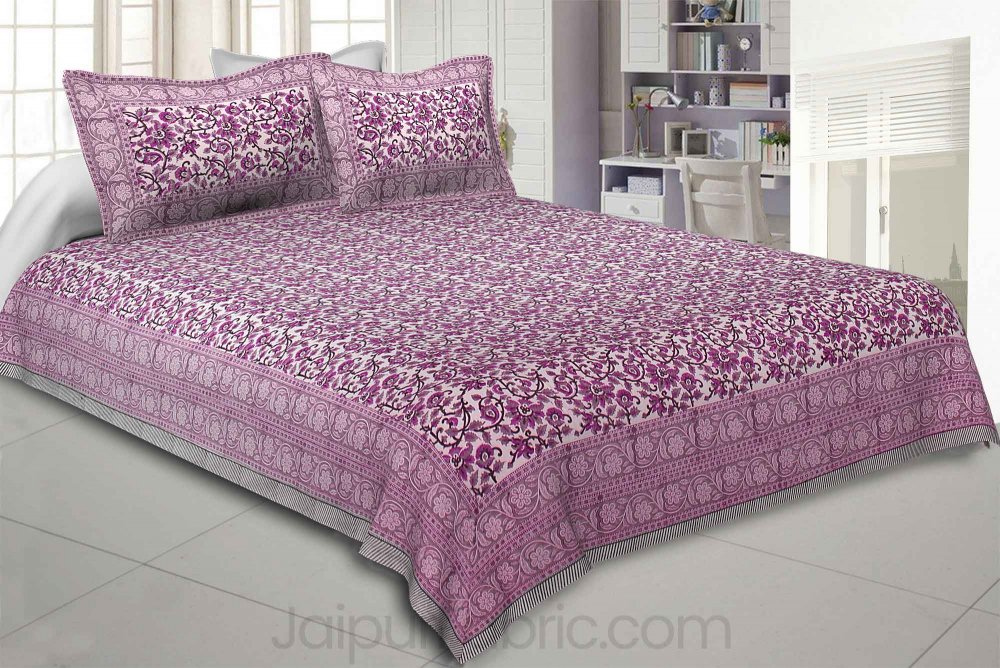 Pink Floral Festoon Hand Block Print Double Bedsheet