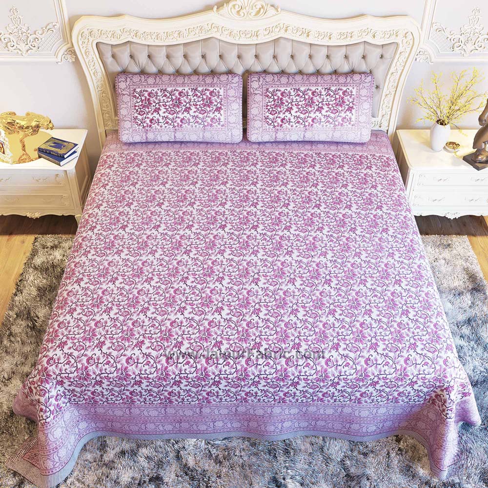 Pink Floral Festoon Hand Block Print Double Bedsheet