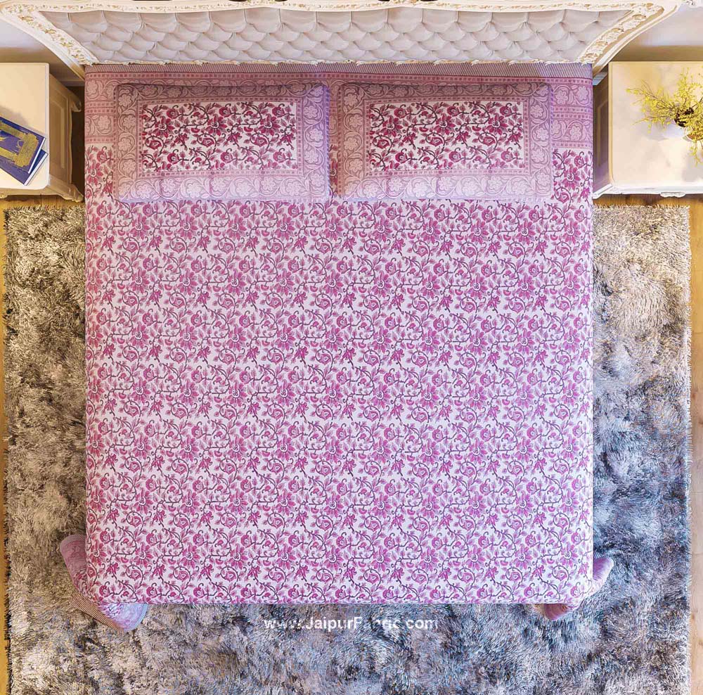 Pink Floral Festoon Hand Block Print Double Bedsheet