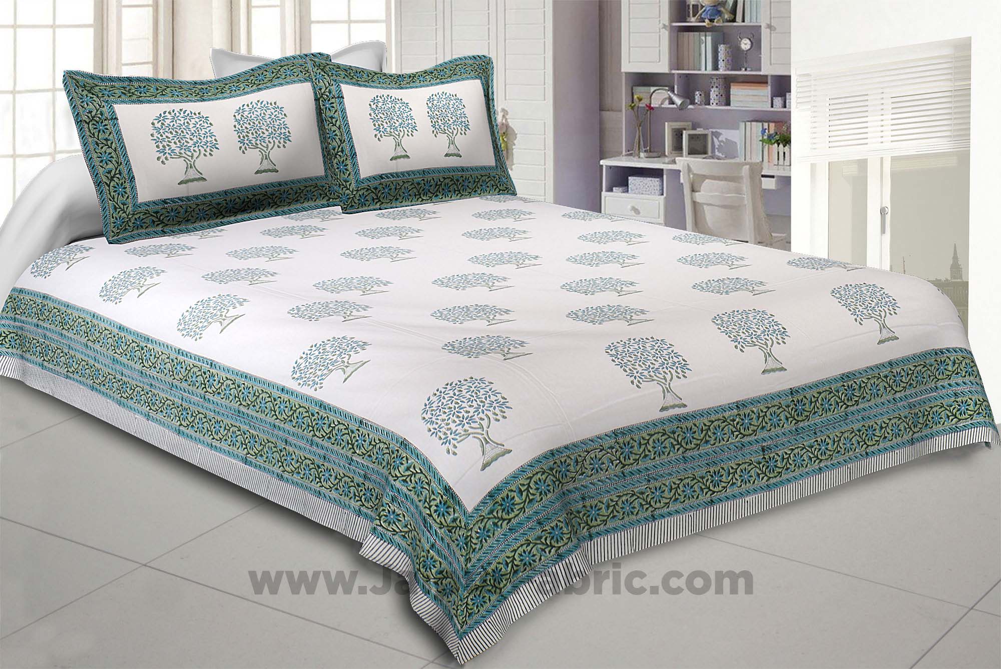 Holy Banyan Tree Green Hand Block Print Double Bedsheet