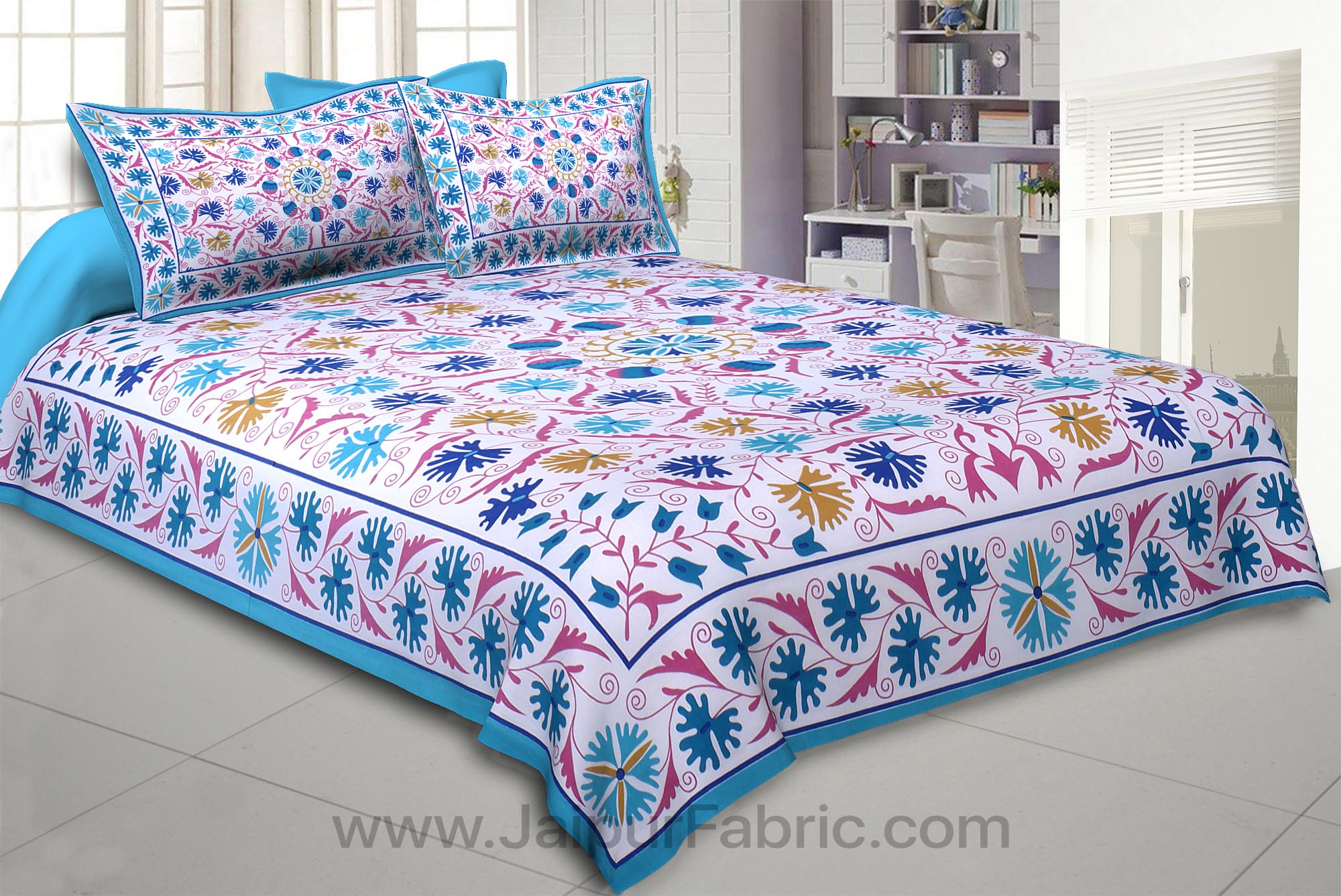 Blue Festive Vibes Double Bedsheet