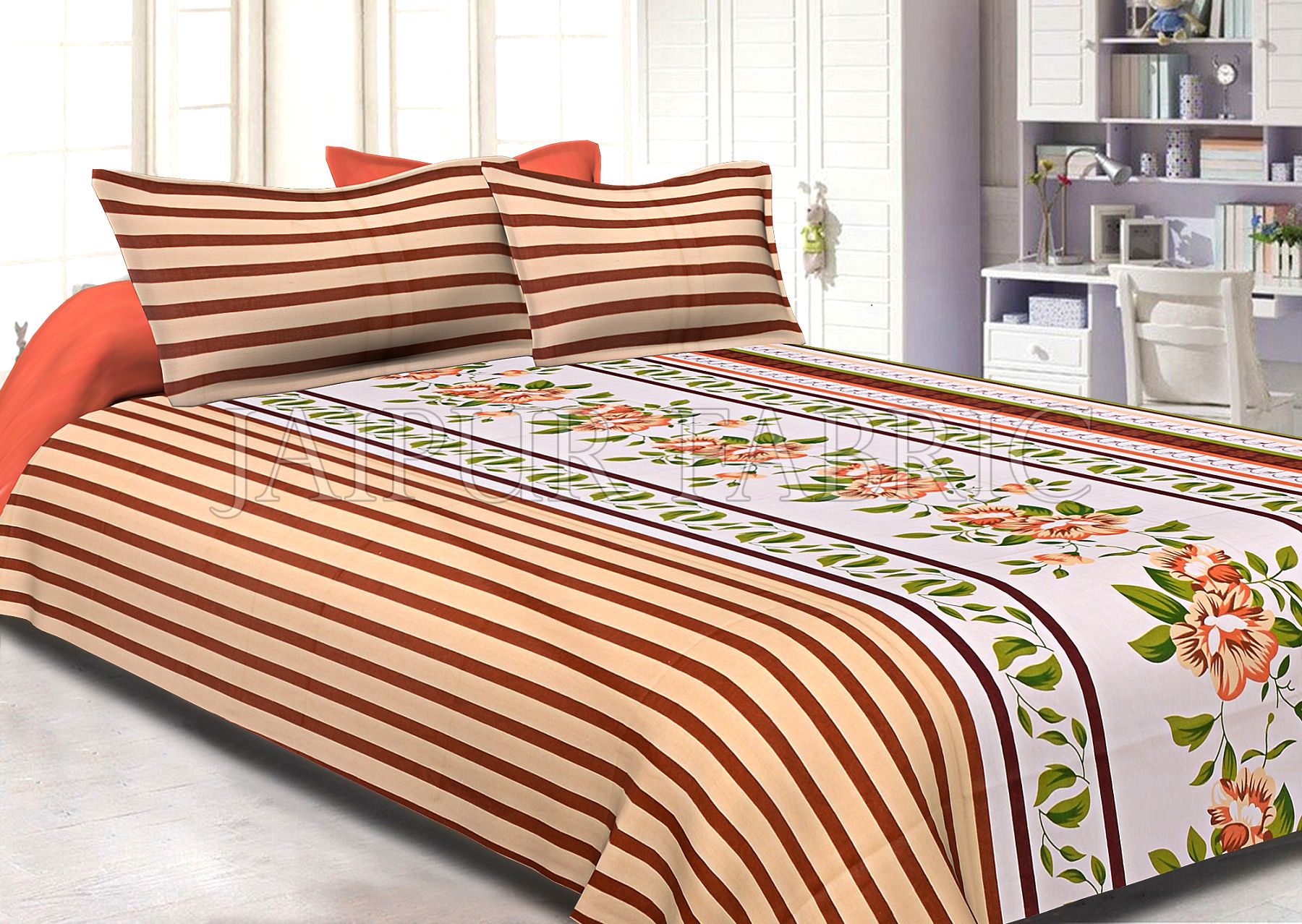 Brown Slanting Stripes with Green Border Cotton Double Bed Sheet