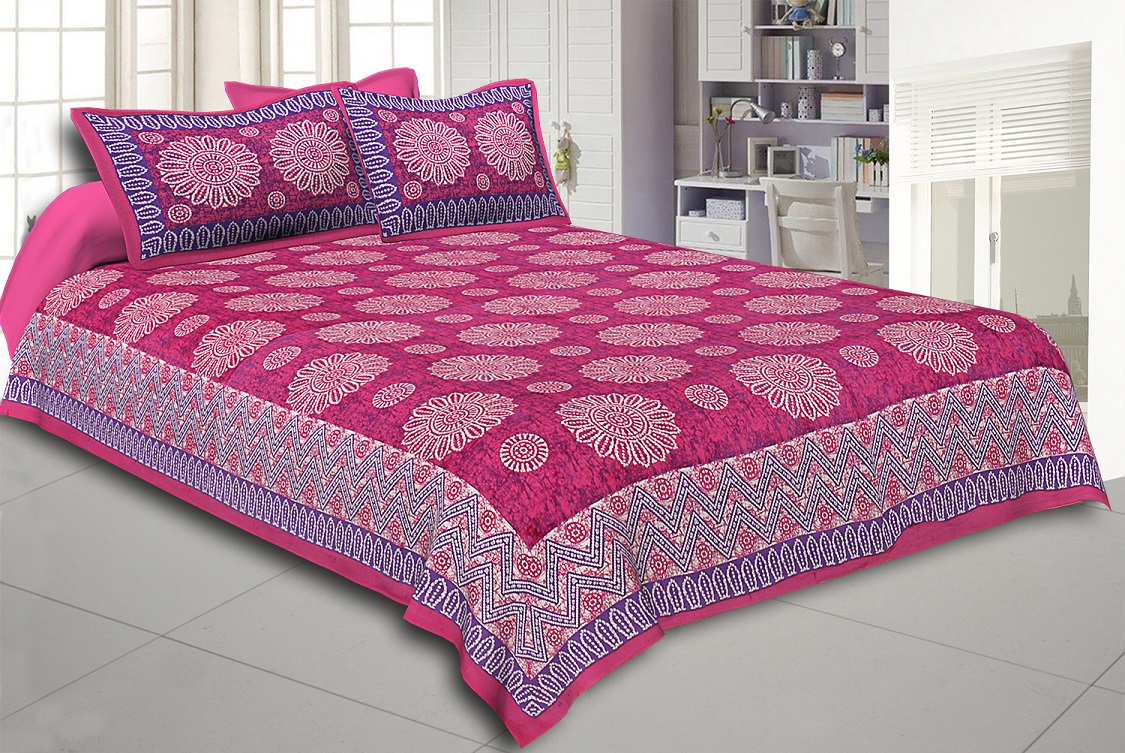 Pink Border With Zig Zag Pattern Pink Purple Base With Flowers Print Coton Double Bedsheet