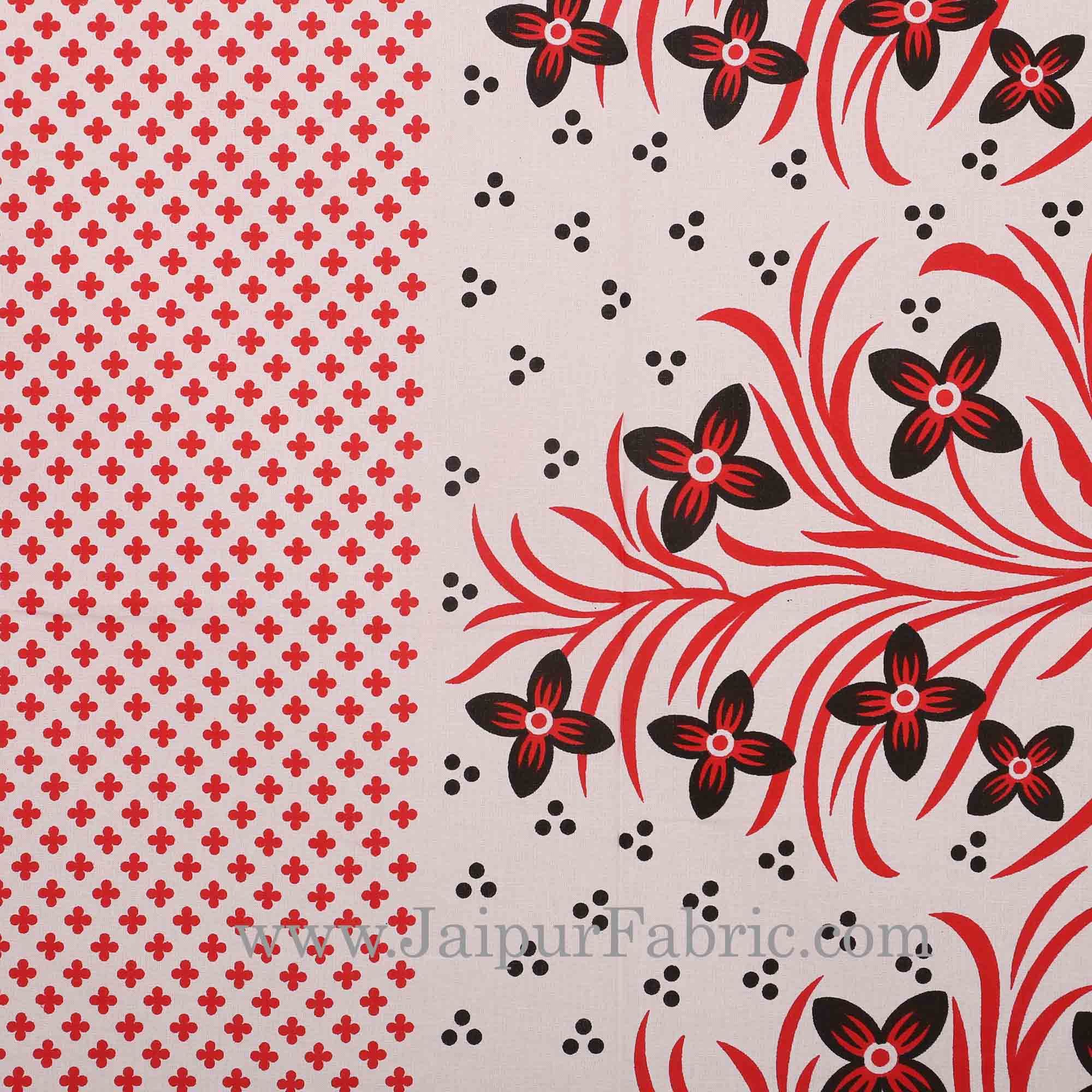 Red Border White Base Red and Black Flower and Leaf Pattern Coton Double Bedsheet