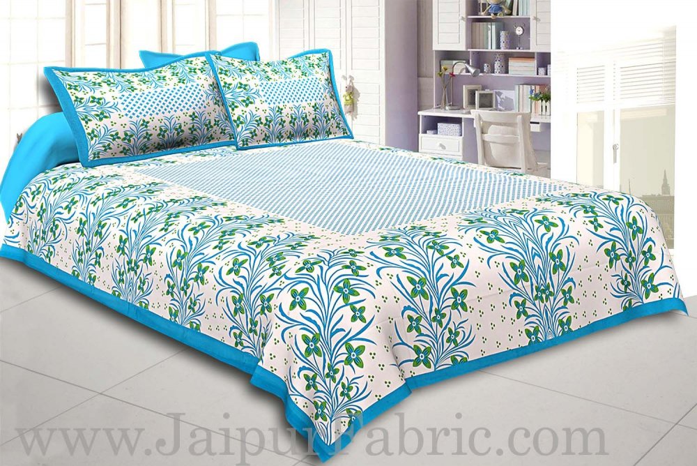 Firozi Border White Base Green Flower and Leaf Pattern Coton Double Bedsheet