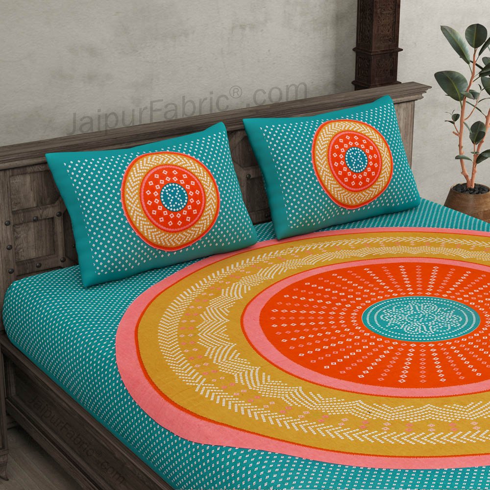 Double Bedsheet Sea Green With Round Shape Bandhej Print