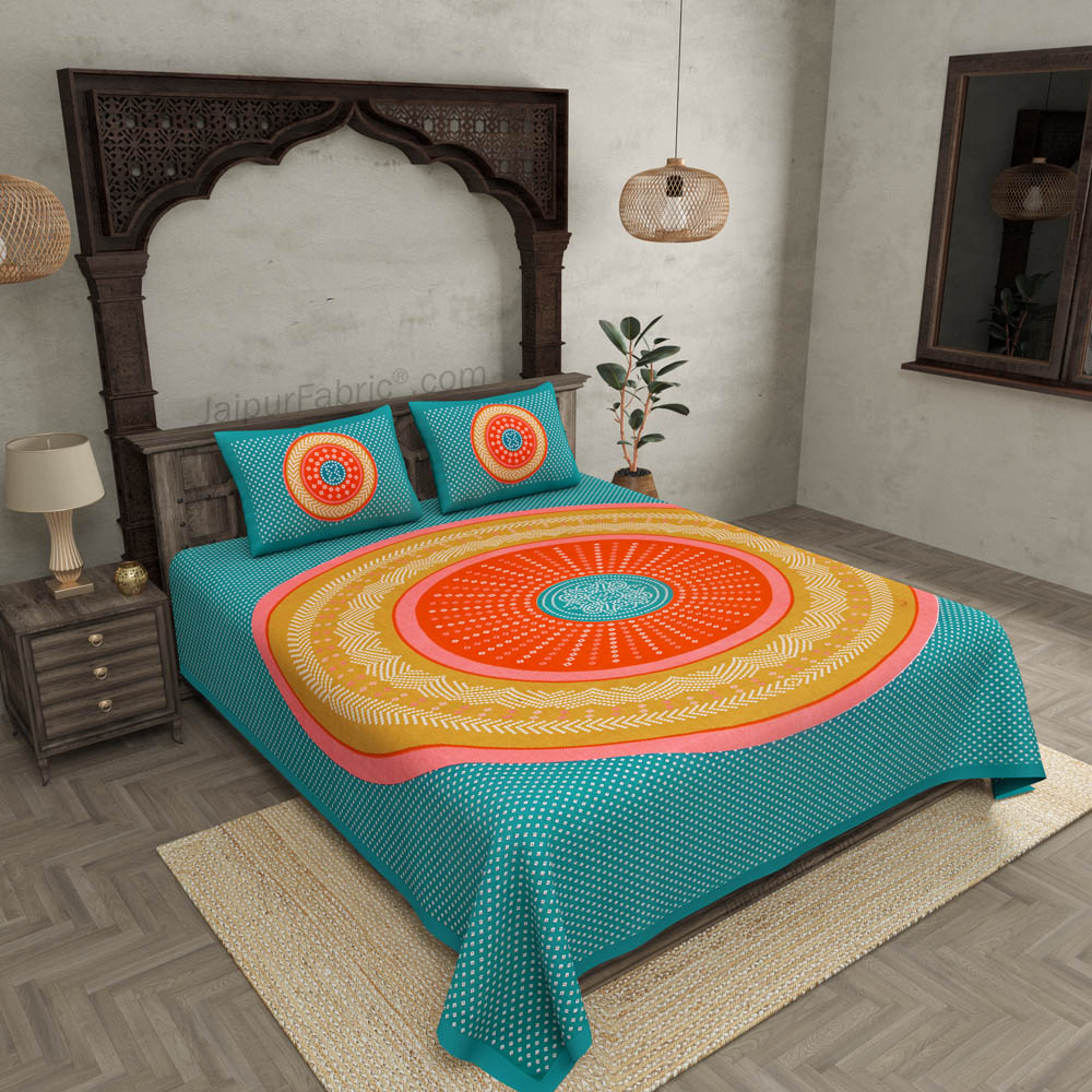 Double Bedsheet Sea Green With Round Shape Bandhej Print