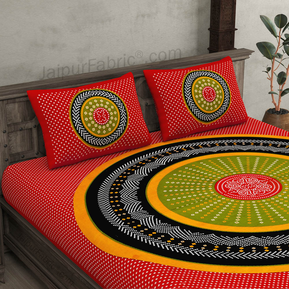 Double Bedsheet Red Green With Round Shape Bandhej Print