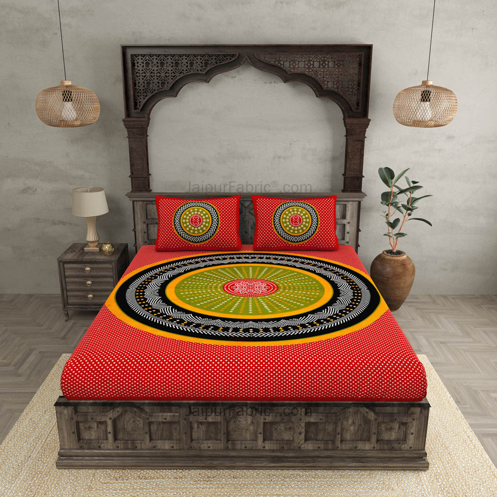 Double Bedsheet Red Green With Round Shape Bandhej Print