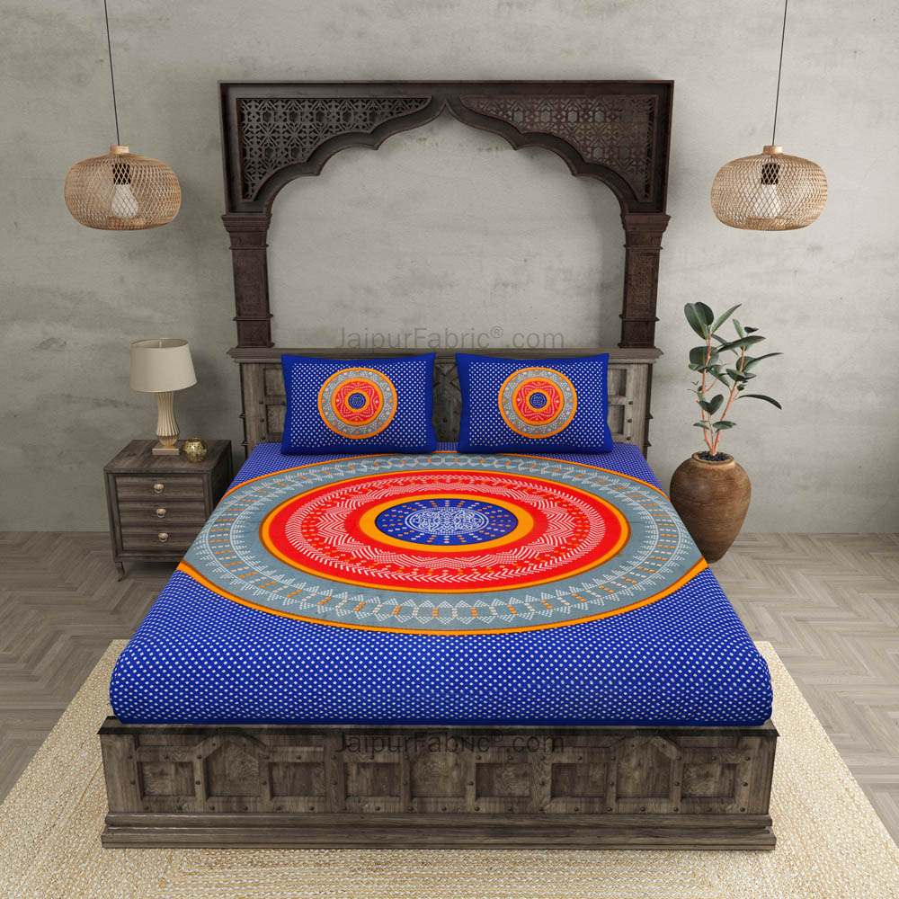 Double Bedsheet Blue With Round Shape Bandhej Print