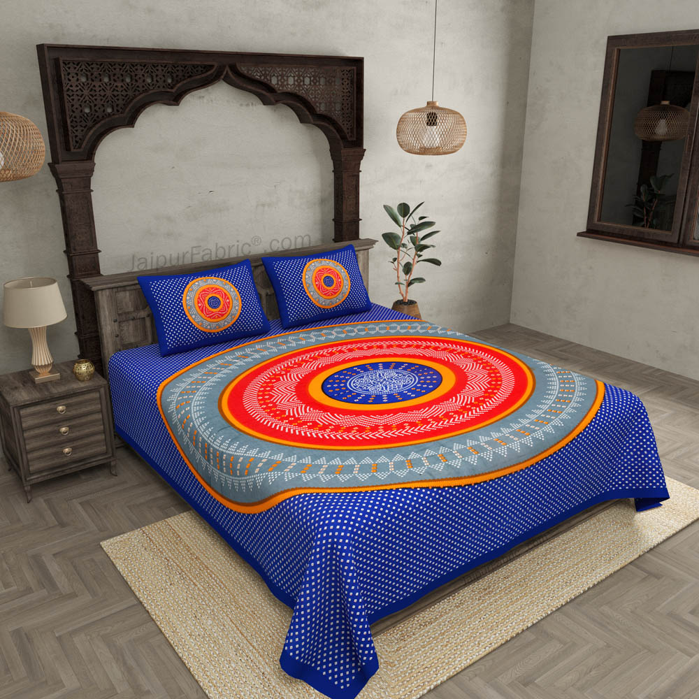 Double Bedsheet Blue With Round Shape Bandhej Print