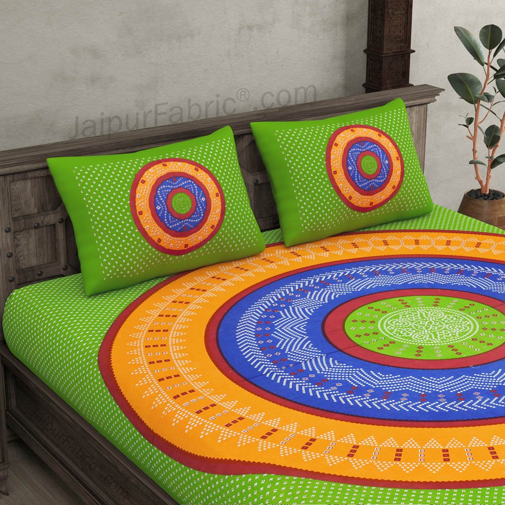 Double Bedsheet Green Base With Round Shape Bandhej Print