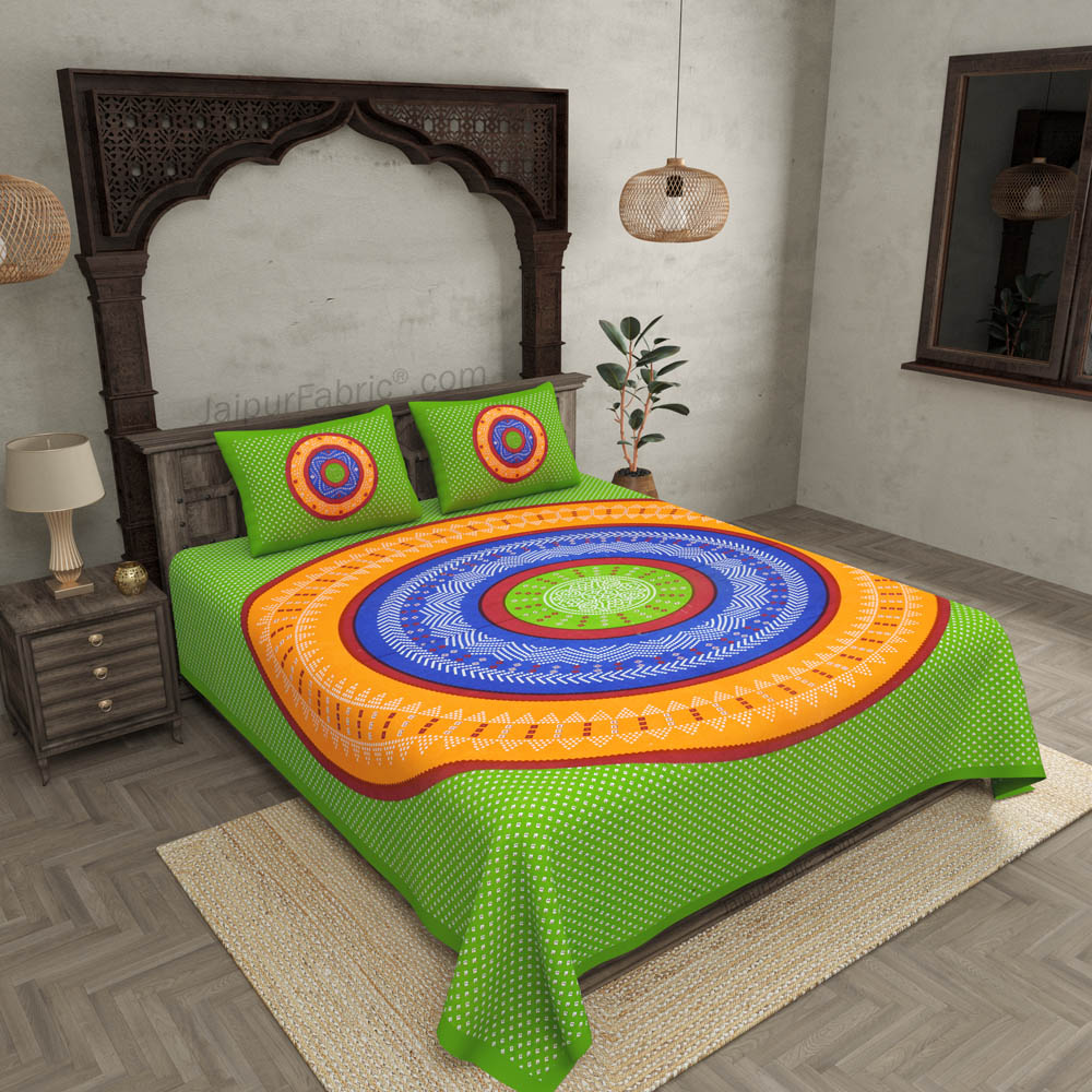 Double Bedsheet Green Base With Round Shape Bandhej Print