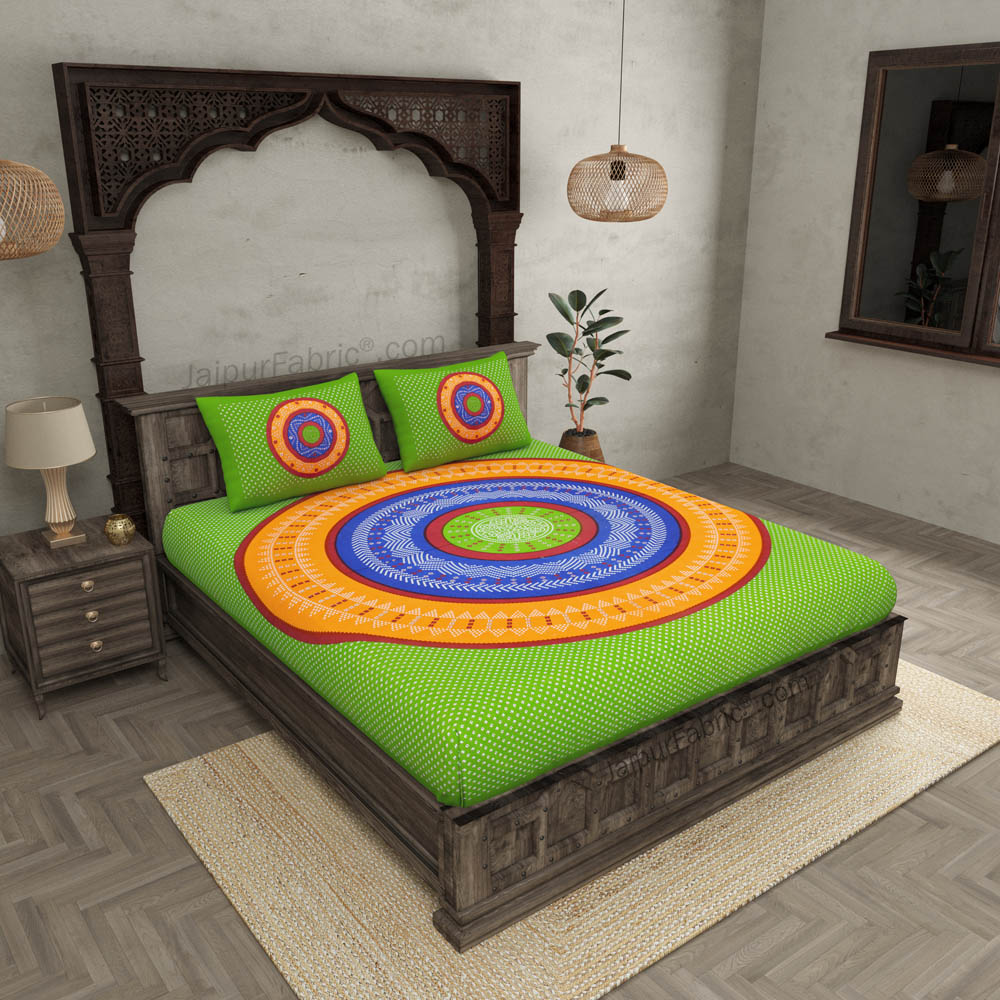 Double Bedsheet Green Base With Round Shape Bandhej Print