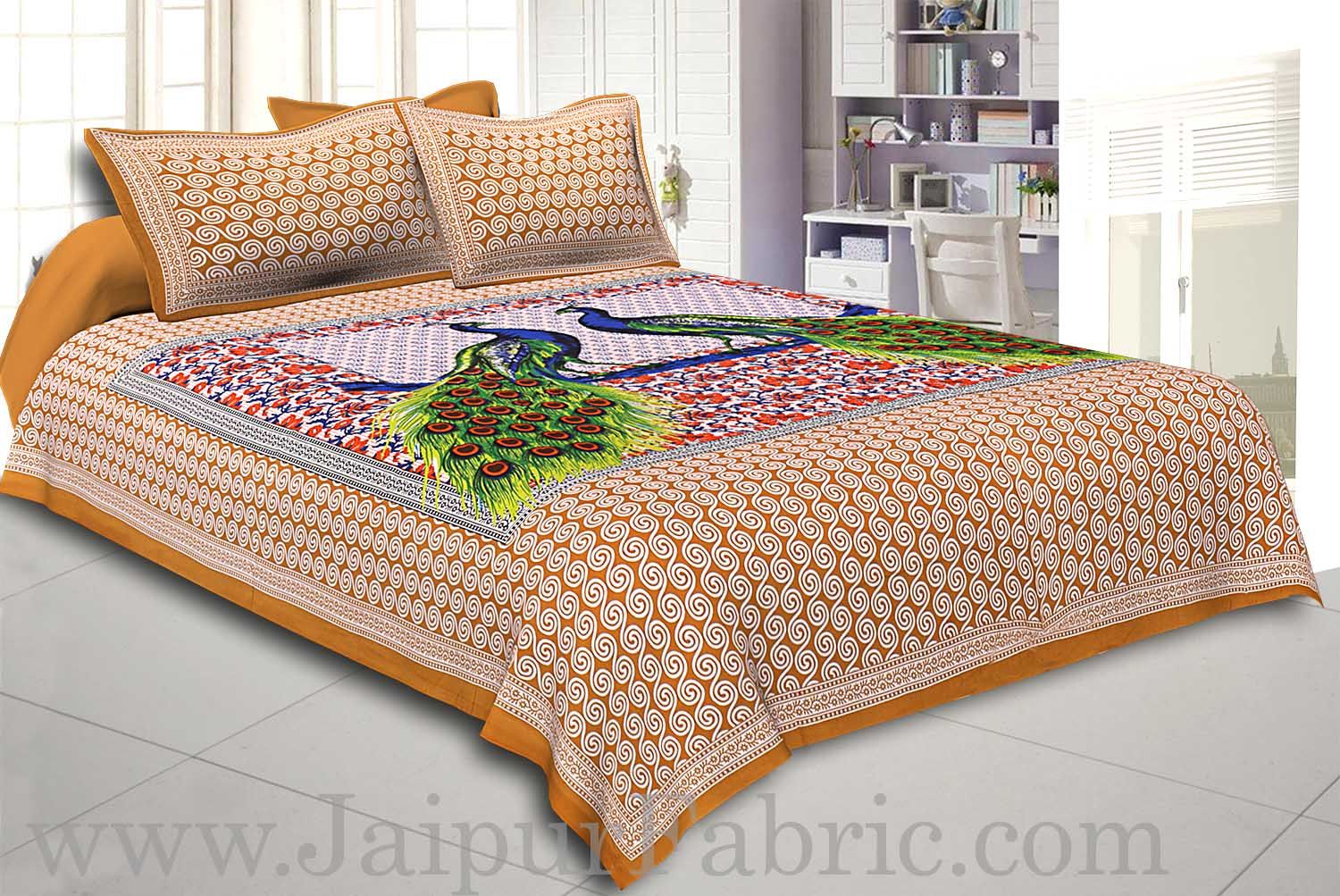 Brown Border Double Peacock Design Coton Double Bedsheet