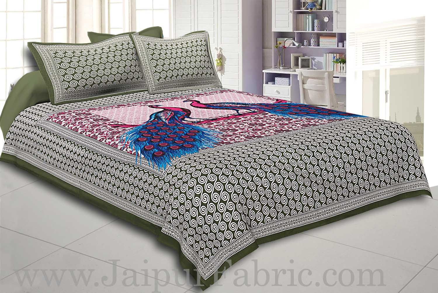 Green Border Double Peacock Design Coton Double Bedsheet