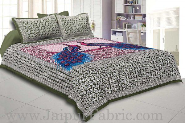 Wholesale Green Border Double Peacock Design Coton Double Bedsheet