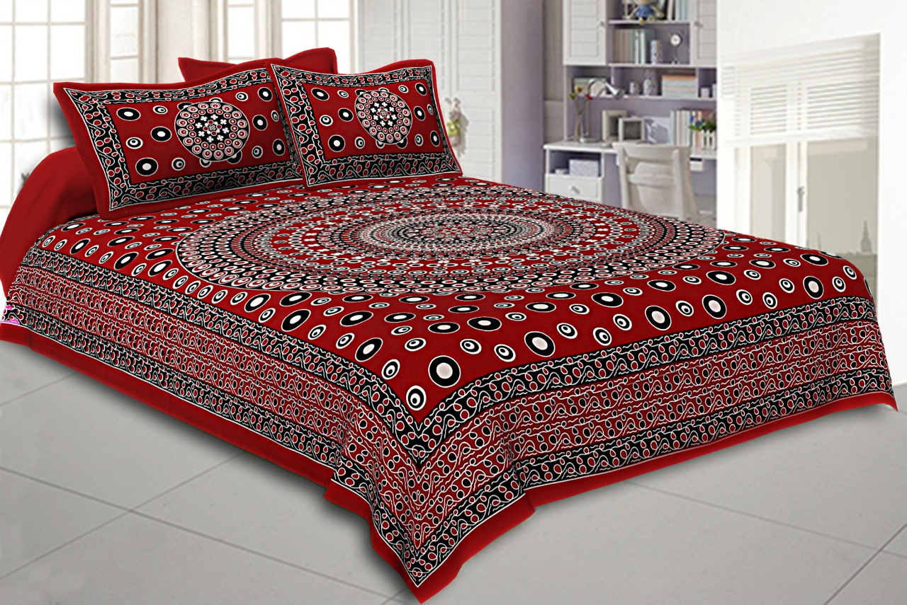 Double bedsheet Maroon Color  Rangoli Pattern Smooth Touch With 2 Pillow Cover