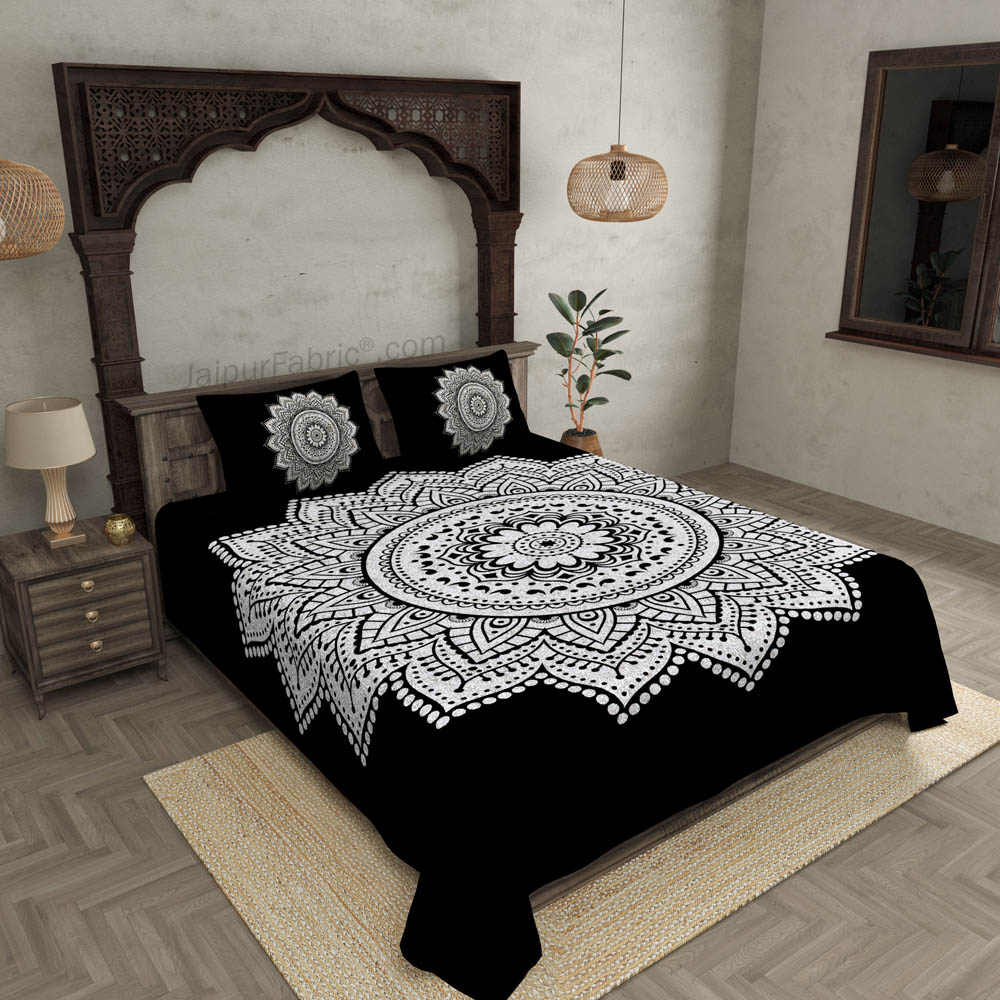 Big Rangoli Print Black & White Bedsheet