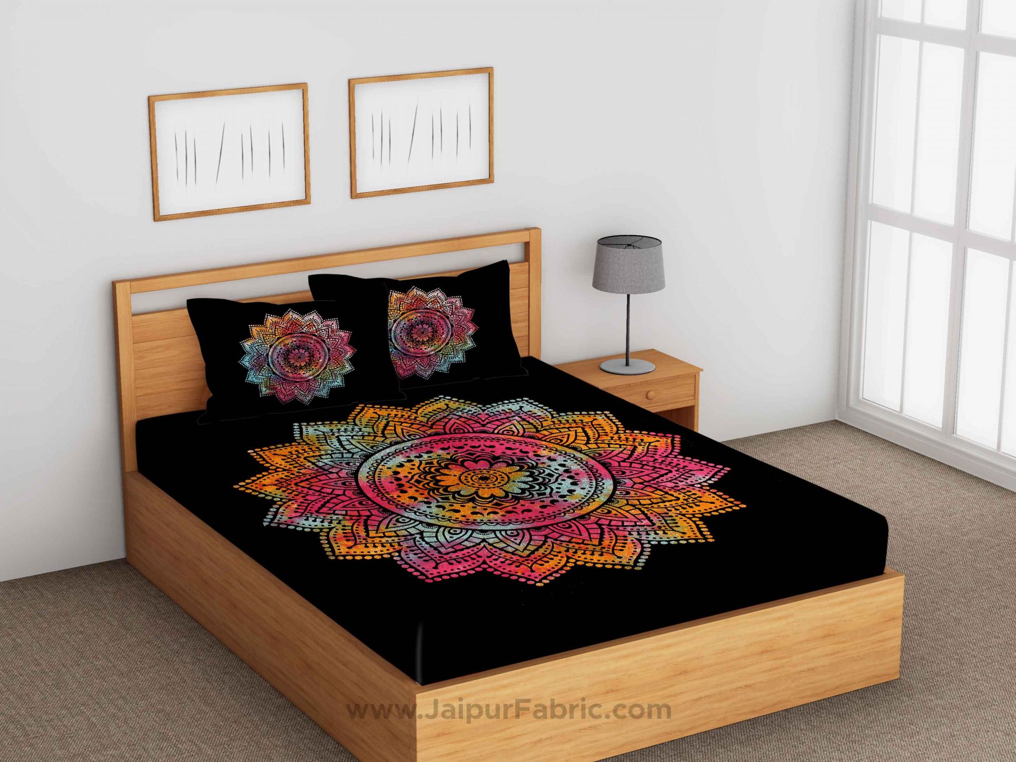 Tie And Dye Big Rangoli Print Black & White Bedsheet