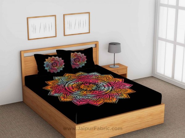 Tie And Dye Big Rangoli Print Black &amp; White Bedsheet